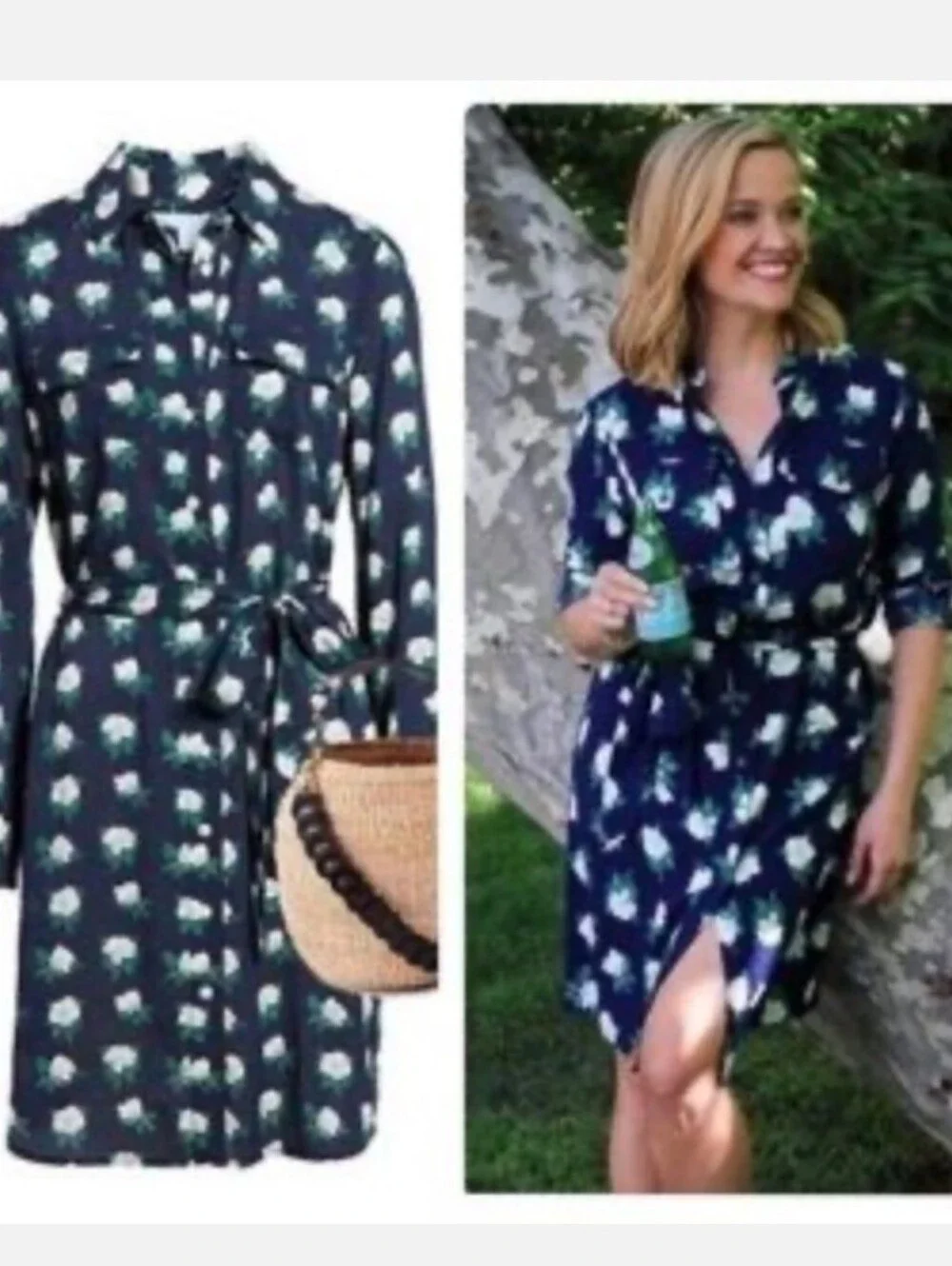 Draper James Magnolia Navy Blue Floral Long-Sleeve Shirt Dress - Picture 3 of 10